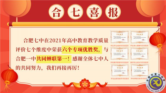 合肥七中在2021你那高中教學(xué)質(zhì)量評(píng)價(jià)中榮獲六個(gè)A專(zhuān)項(xiàng)優(yōu)勝獎(jiǎng)，與合肥七中共同蟬聯(lián)第一！.jpg